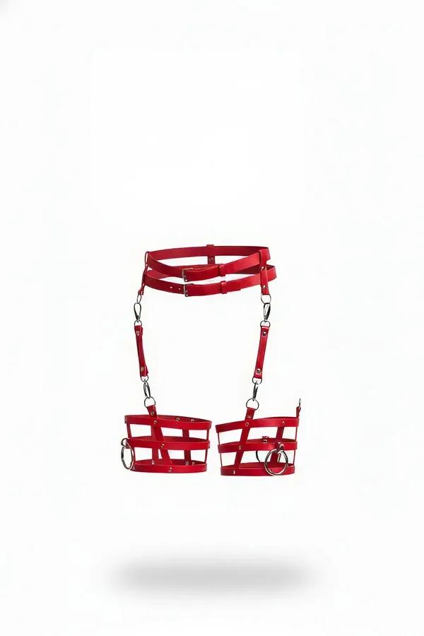 Red Caged Leg Garter Harness with Adjustable Waist & O-Rings