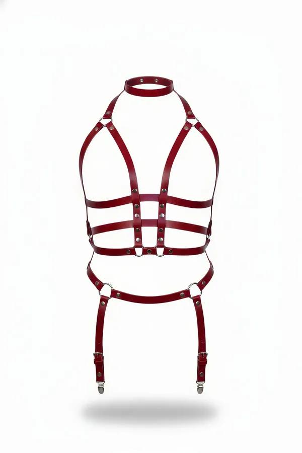Claret red faux leather full body harness with collar ring, caged chest straps, O-ring waist, and four adjustable garter clip