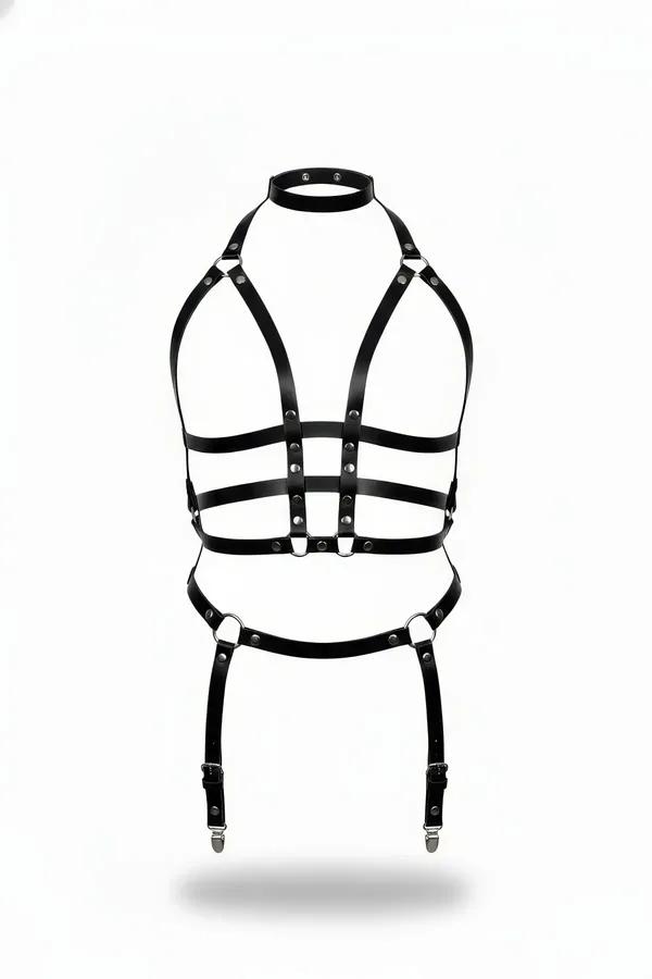 black faux leather full body harness with halter choker caged chest panel and silver garter clips front view