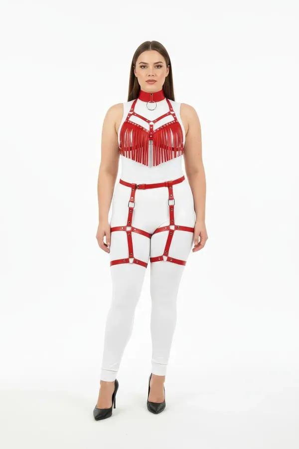 Red Faux Leather Fringe Harness Bra & Garter Set