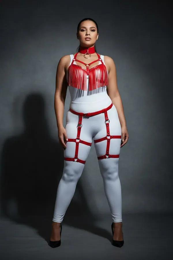 Red Faux Leather Fringe Harness Bra & Garter Set