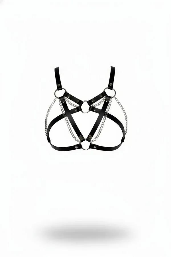 Black faux leather caged harness bra with silver draped chains and three O-rings, front view on white background