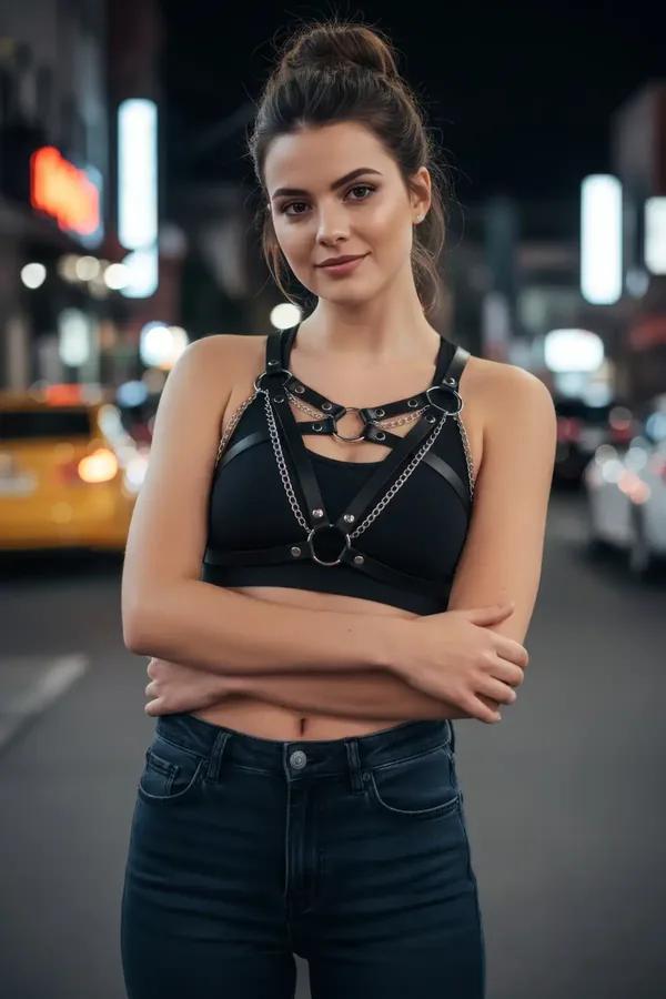 black faux leather caged harness bra with draped silver chains and four O-rings worn as a street-style crop top