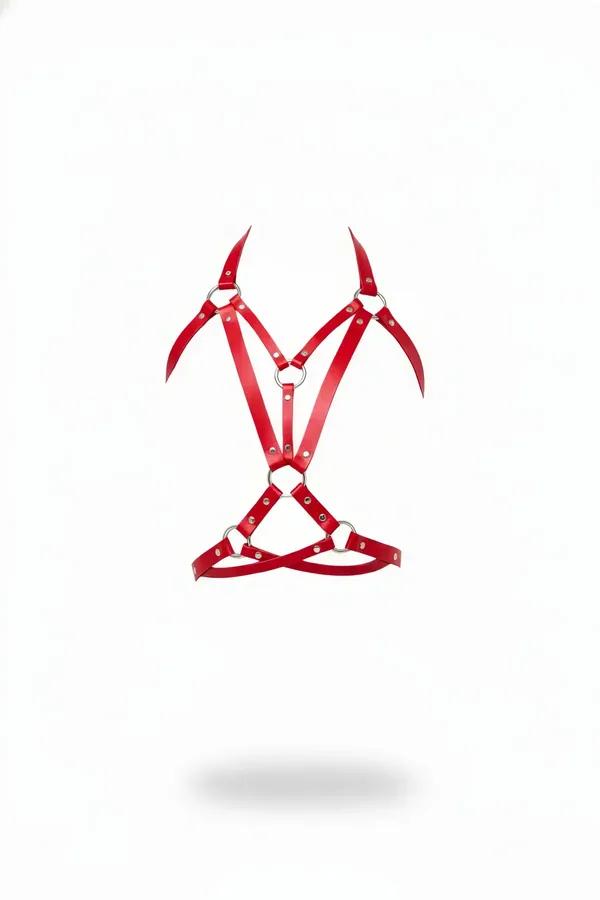 Red Faux Leather Chest Harness with O-Ring Details