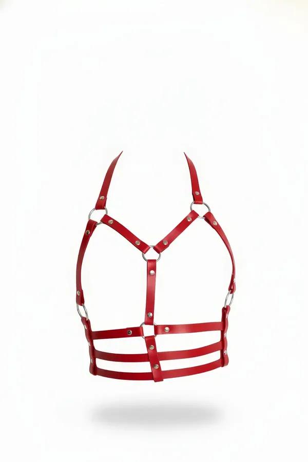 Red Underbust Cage Harness with Strappy Faux Leather