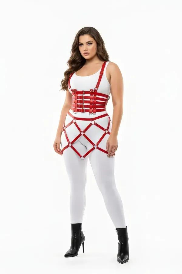Red Faux Leather Caged Harness Skirt and Bustier Set