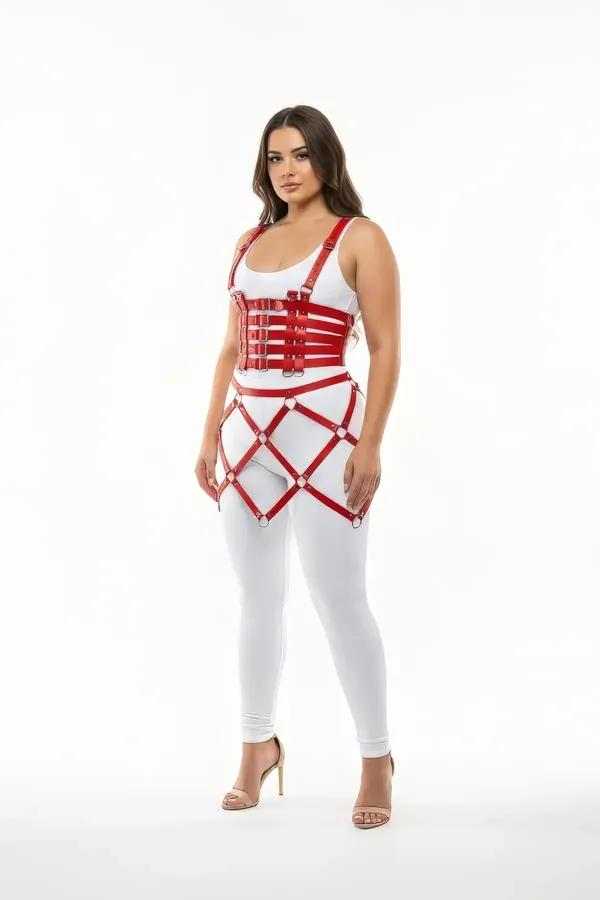 Red Faux Leather Caged Harness Skirt and Bustier Set