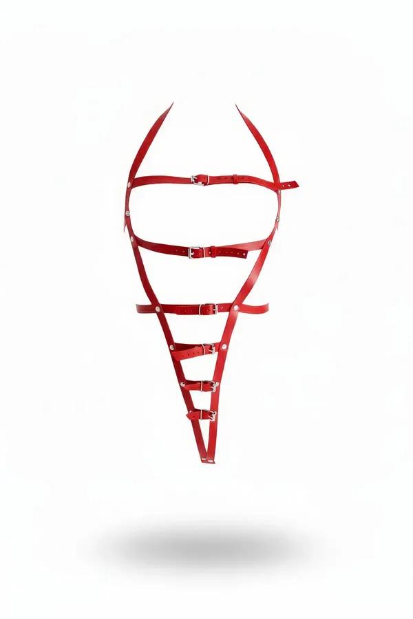 Red faux leather full body harness with crisscross straps and six silver buckles on white background