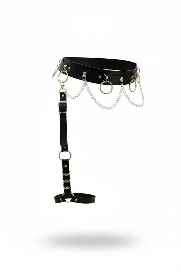 black faux leather chain waist harness with detachable single-leg garter and silver O-rings draped curb chains