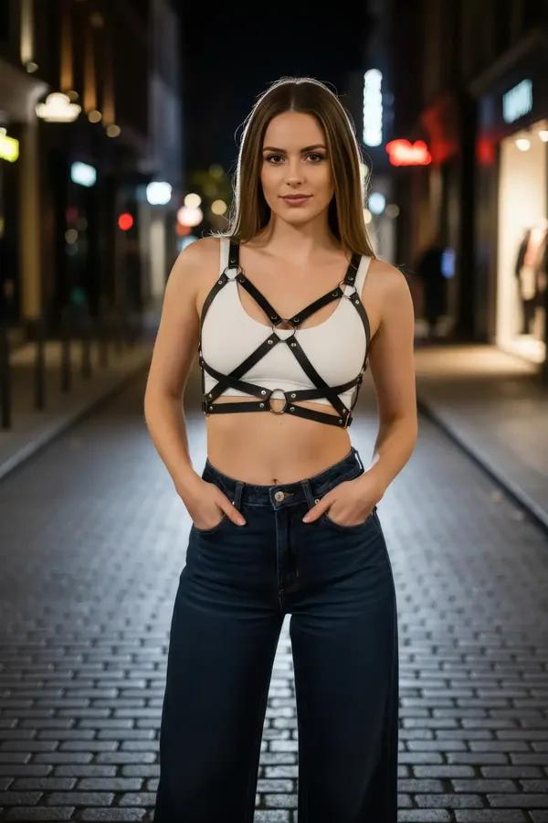 Black faux leather caged chest harness with silver O-ring front detail worn over white bralette and jeans