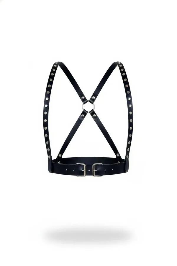 Black Faux Leather Chest Harness with Silver Studs & X-Back