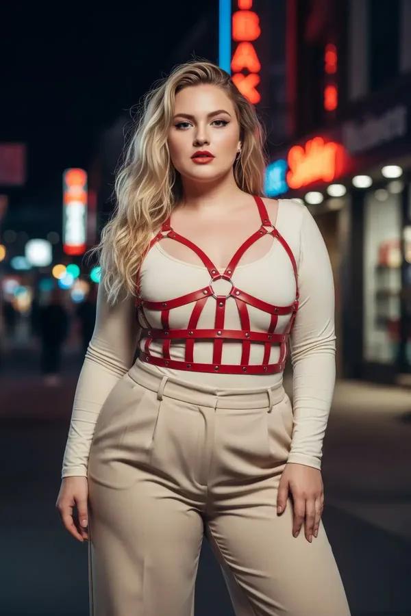 red faux leather caged bustier harness with grid strap pattern O-ring detail and silver rivets worn over white bra