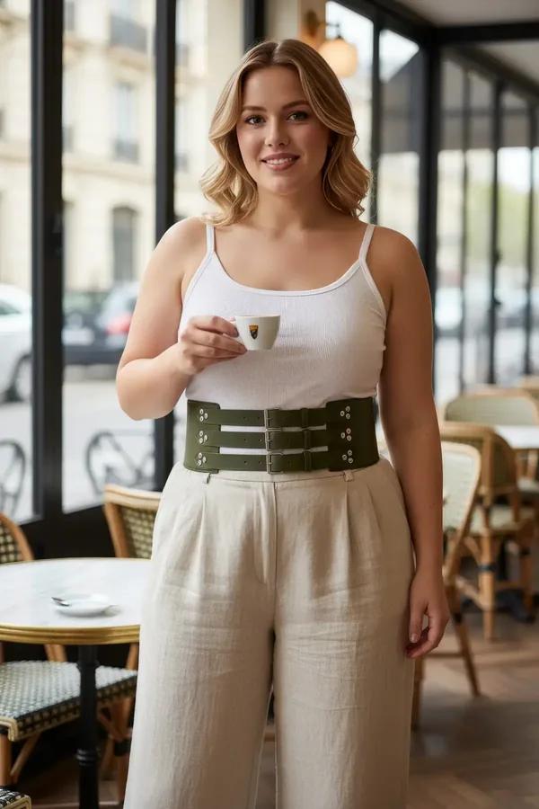 ខ្សែក្រវ៉ាត់ corset ស្បែក សិប្បនិម្មិត ពណ៌ បៃតង អូលីវ ទទឹង ១២ សង់ទីម៉ែត្រ តុបតែង ខ្សែ រឹត ៣ ជាន់ និង ឡេវ ដែក ពណ៌ ប្រាក់