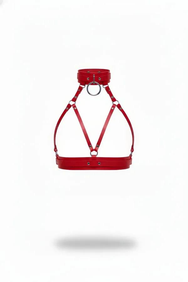 Red Faux Leather Chest Harness with O-Ring Choker