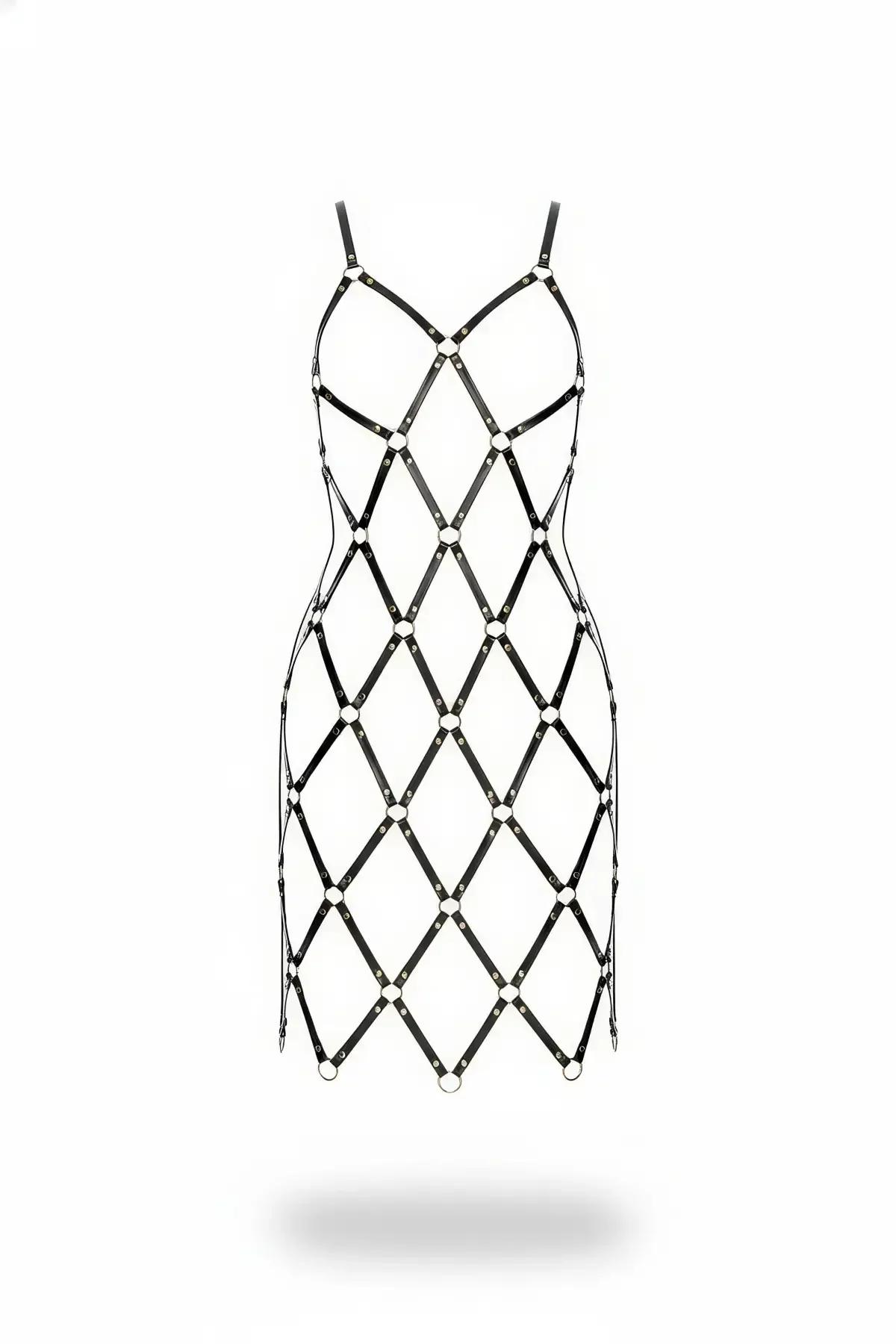 Diamond Mesh Faux Leather Full Body Harness Dress