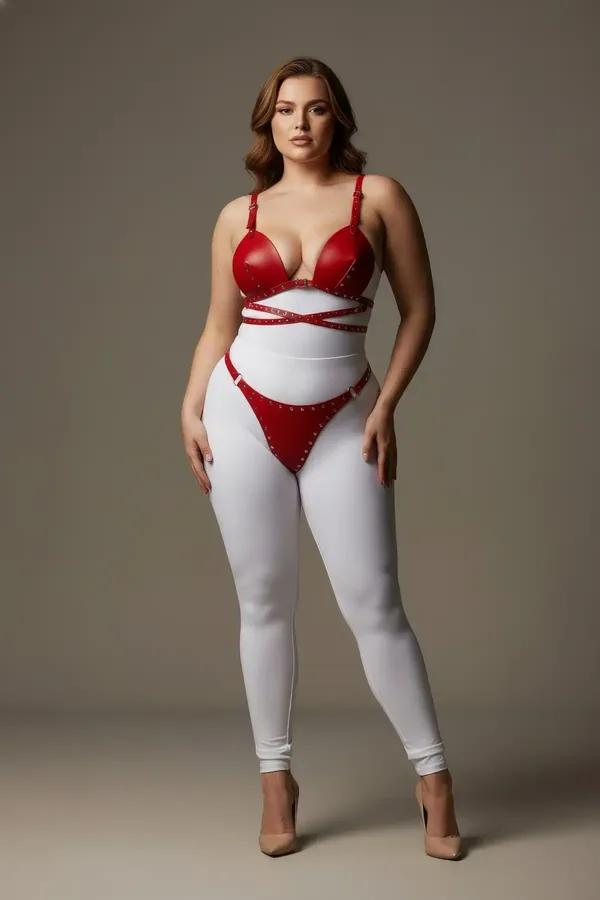 Red faux leather bra harness set with silver stud crossover straps and matching hip band on plus-size model
