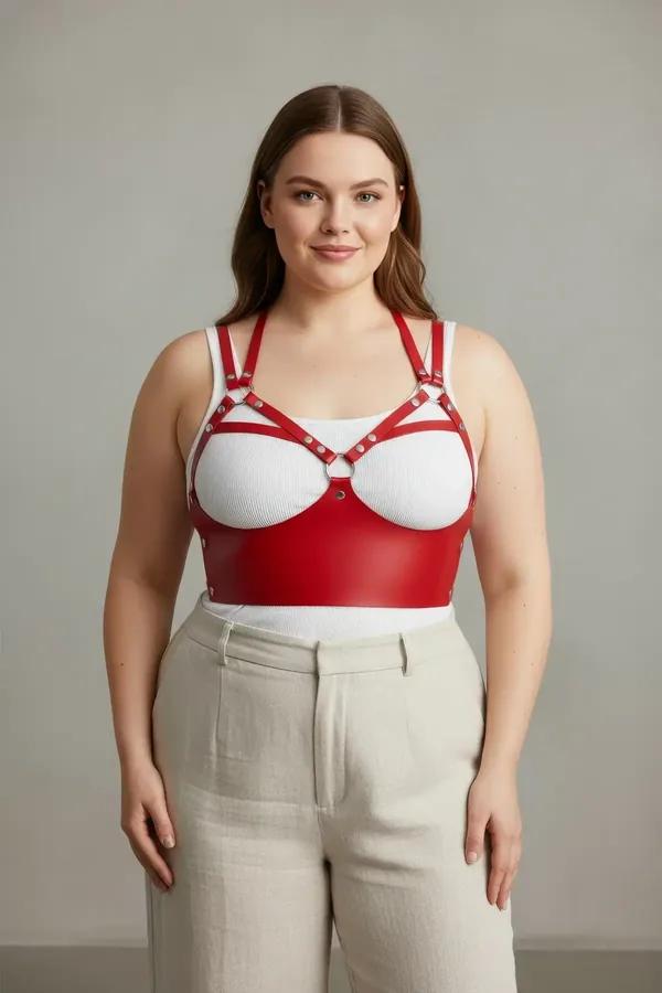Red Faux Leather Strappy Chest Harness Bra with Studs