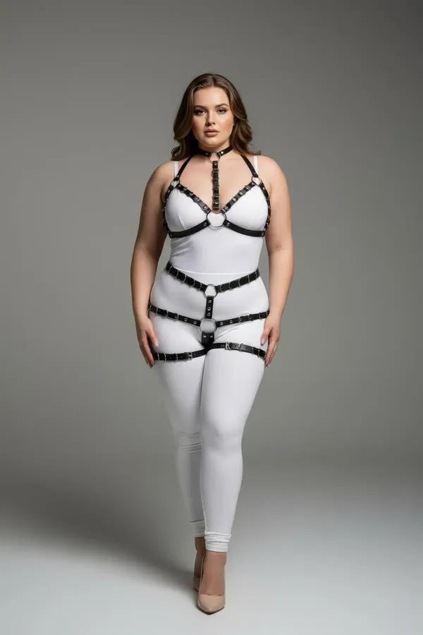 black faux leather full body harness with choker collar O-ring chest straps and upper thigh leg garters on plus-size model