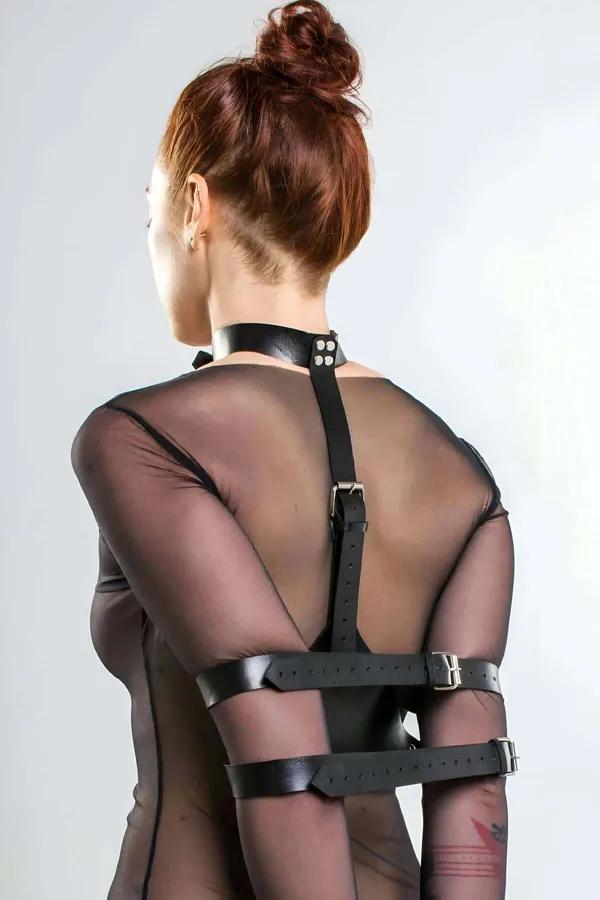 Adjustable Vegan Leather Back Harness with Arm Cuffs