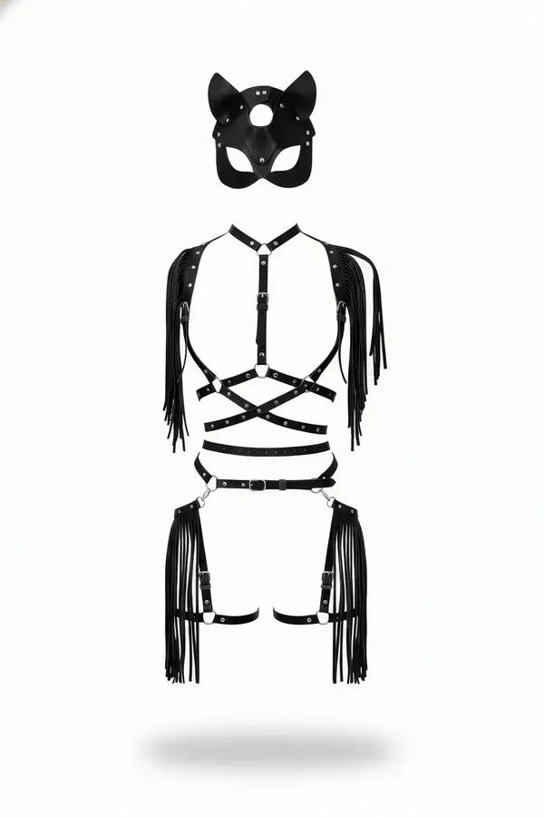 Fringed Faux Leather Body Harness with Cat Mask Set