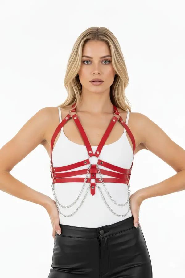Red Faux Leather Chest Harness with O-Ring & Chains