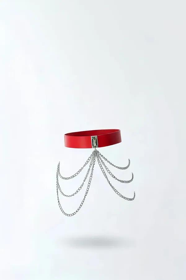 Red faux leather waist belt with five cascading silver draping body chains and rectangular front clasp