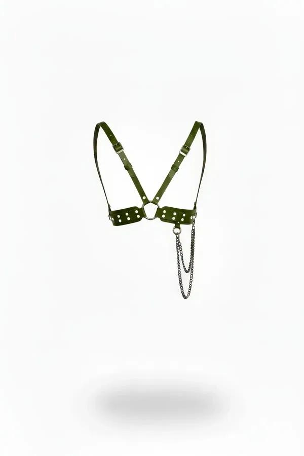 Khaki Faux Leather Chest Harness with Studs and Draped Chain