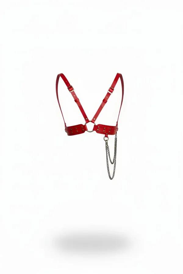 Red Faux Leather Chest Harness with Studs & Chain