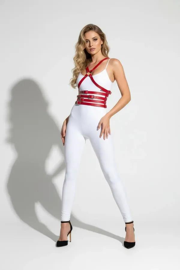Red Faux Leather Waist & Chest Harness with O-Ring