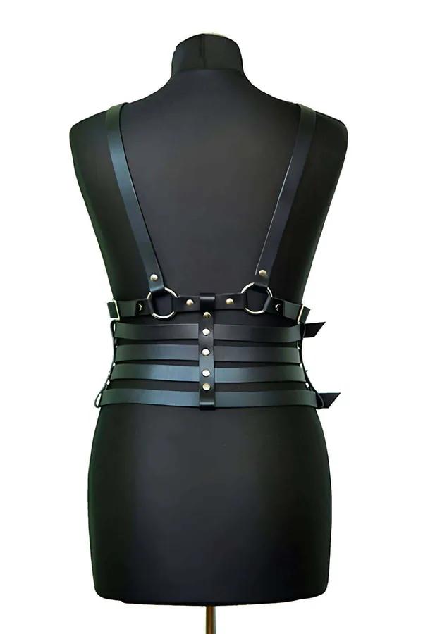 Waist-Cinching Faux Leather Body Harness with O-Ring Chest