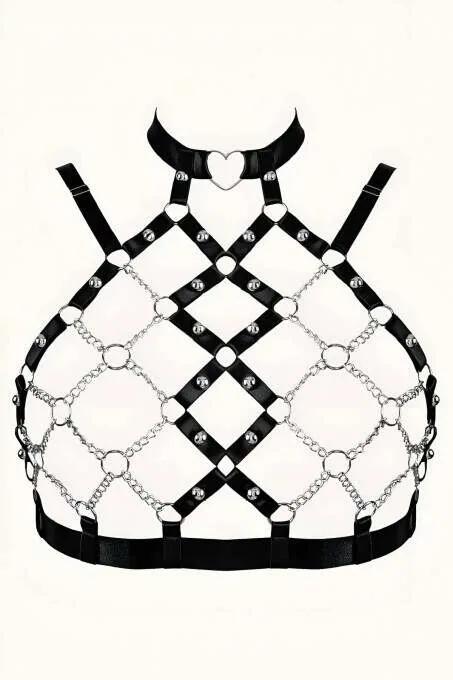 Chain & Faux Leather Harness with Heart Choker