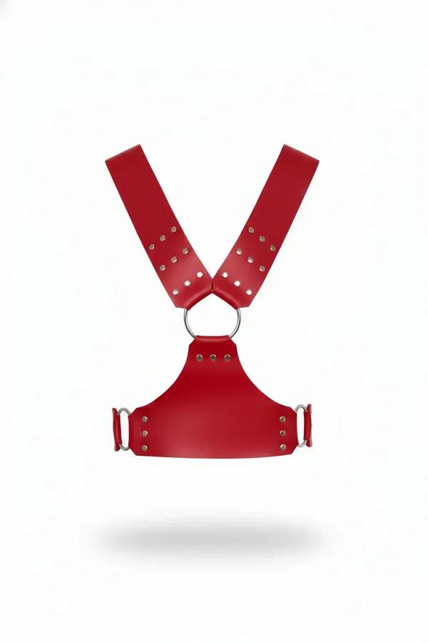 Red Faux Leather Chest Harness with Studs and O-Ring