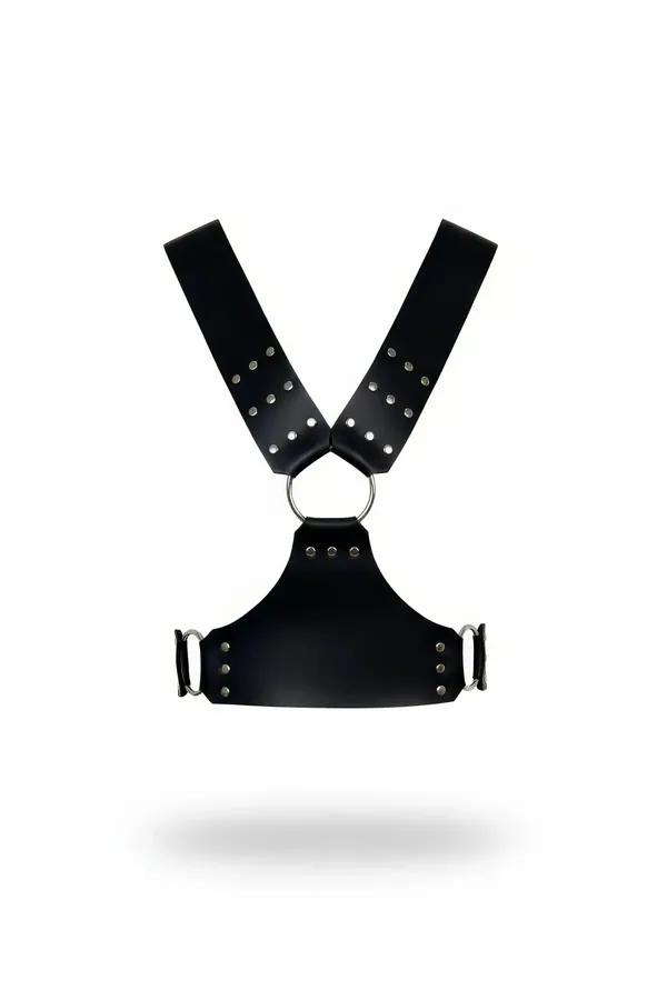 black faux leather studded wide-strap chest harness with silver O-ring centrepiece, front view