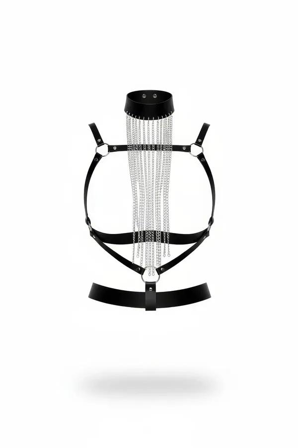 black faux leather body harness with cascading silver waterfall chains and wide choker collar, silver O-ring chest frame and