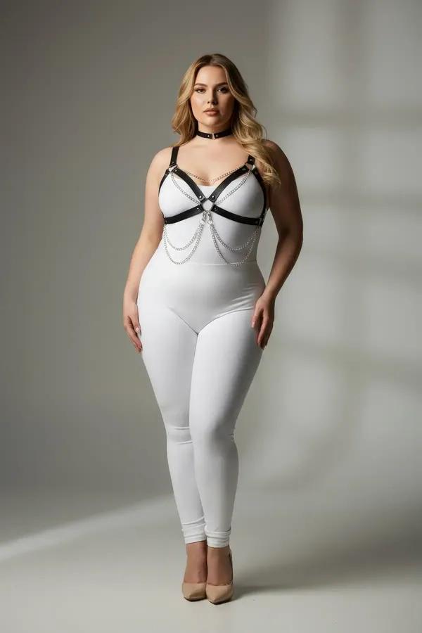 Faux Leather Chest Harness with Layered Chains & O-Ring