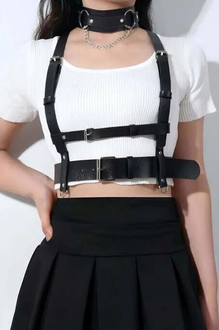 Black Faux Leather Underbust Harness Women Adjustable Shoulder Straps Detachable O-Ring Chain