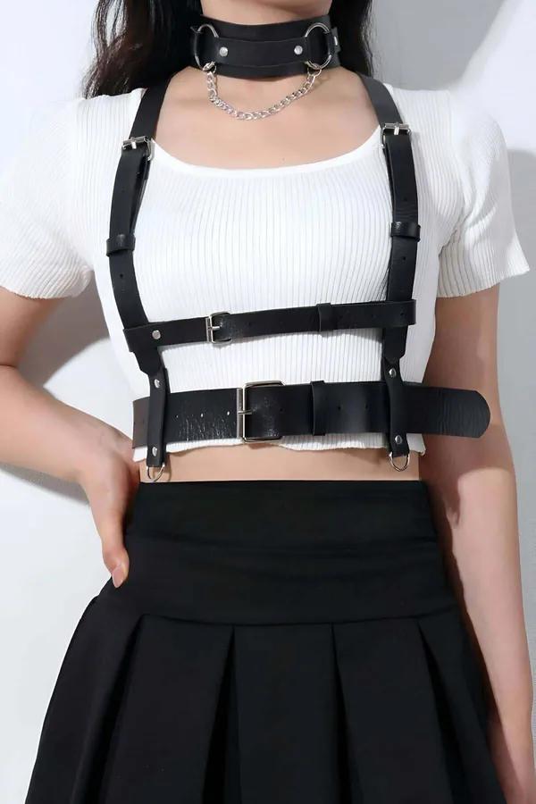 Black Faux Leather Underbust Harness Women Adjustable Shoulder Straps Detachable O-Ring Chain