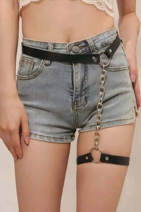 Black Faux Leather Waist Garter Harness with Silver Chain Women Adjustable Thigh Strap