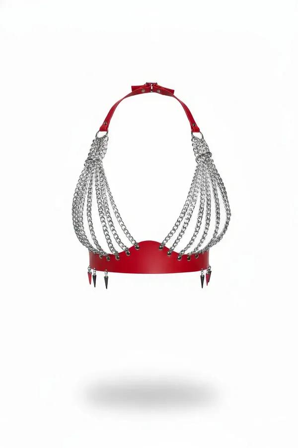Red Faux Leather Chest Harness with Chain Draping & Studs