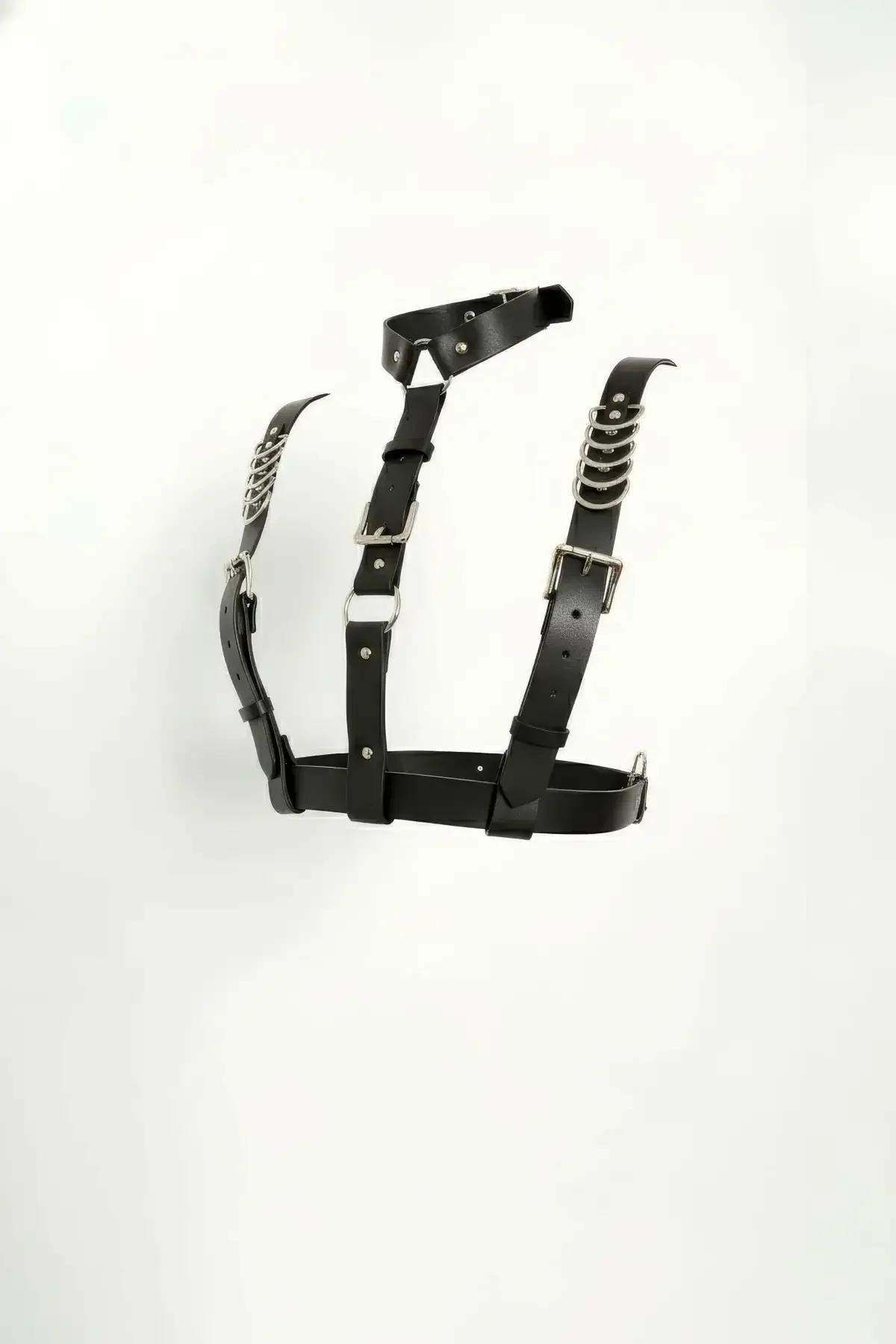 Black Faux Leather Underbust Harness with Interwoven Silver Chains Adjustable Straps