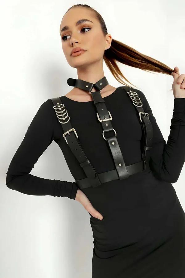 Black Faux Leather Body Harness with O-Ring