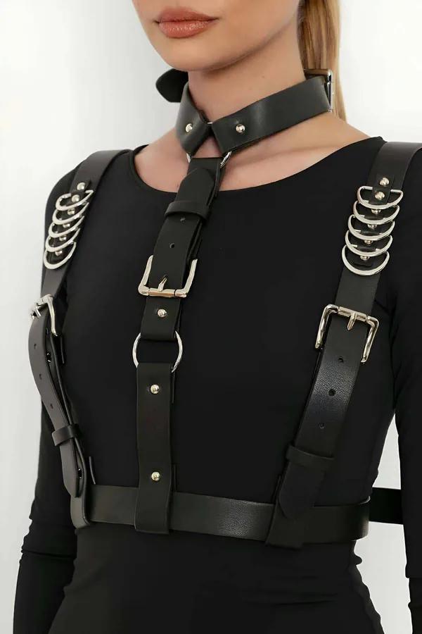 Black Faux Leather Body Harness with O-Ring