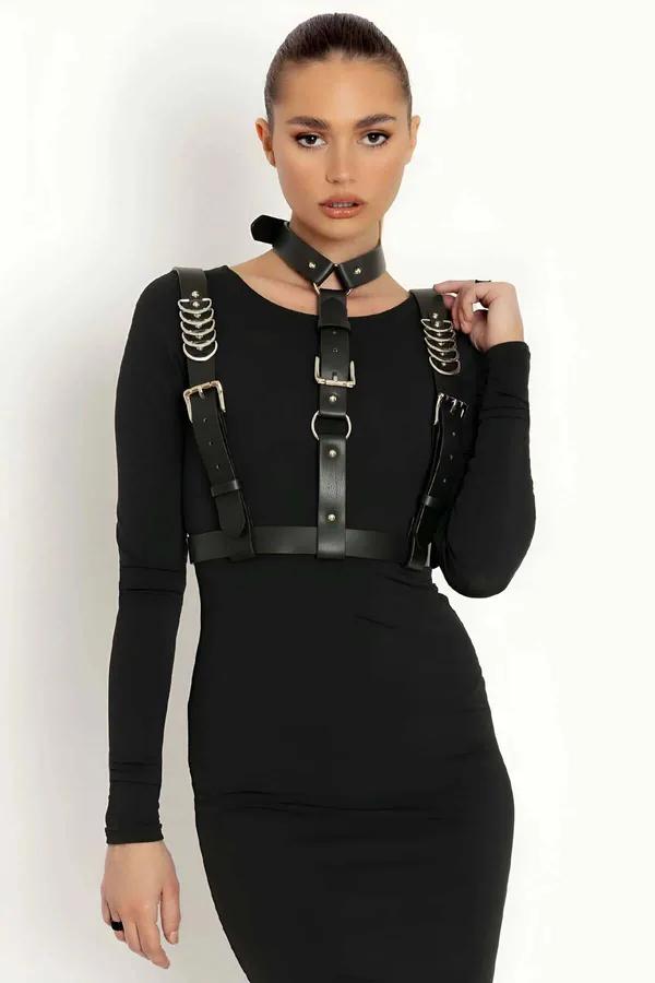 Black Faux Leather Body Harness with O-Ring