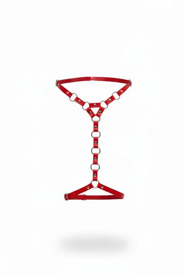 red faux leather strappy body harness with vertical silver O-ring spine and triangular chest and hip bands