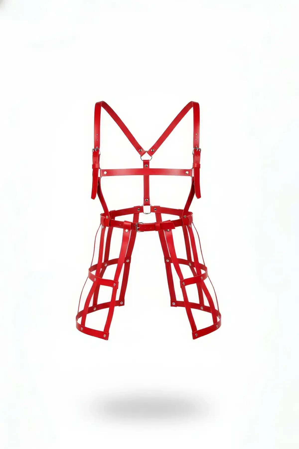Red Faux Leather Full Body Cage Harness