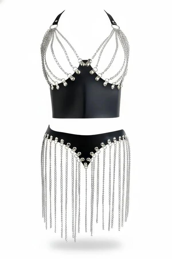 Black Faux Leather Halter Harness Top & Chain Skirt Set