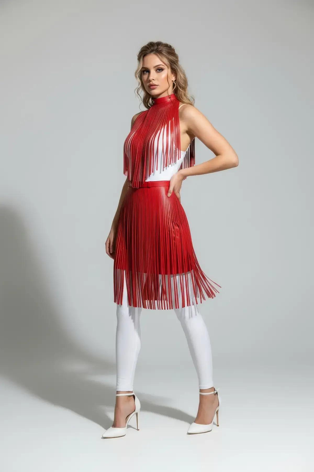 Red Fringed Faux Leather High Waist Fashion Overlay