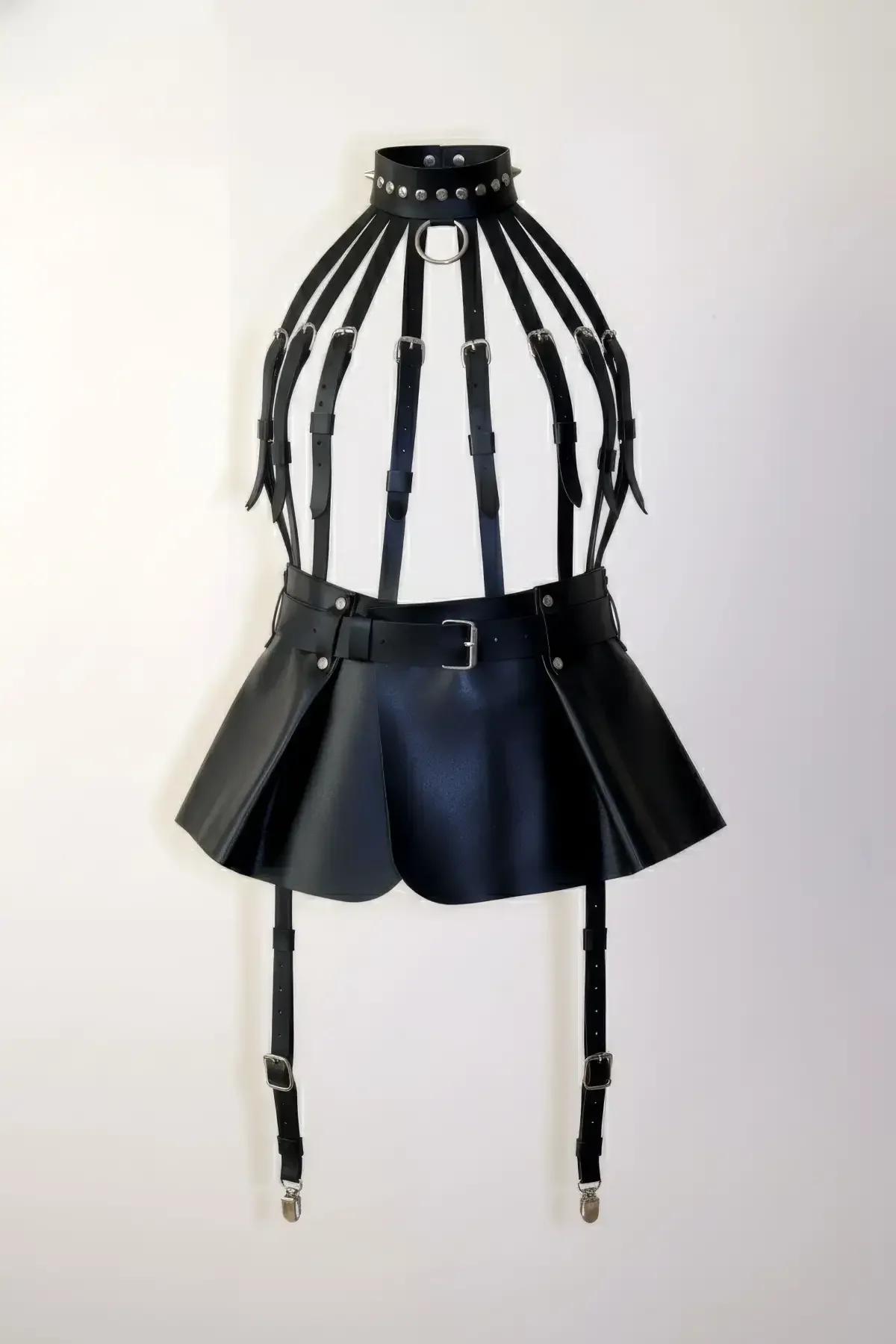 Studded Choker Cage Harness with Pleated Mini Skirt & Garters