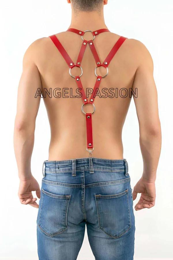 Red Faux Leather Men's Suspender Harness with O-Ring Hardware