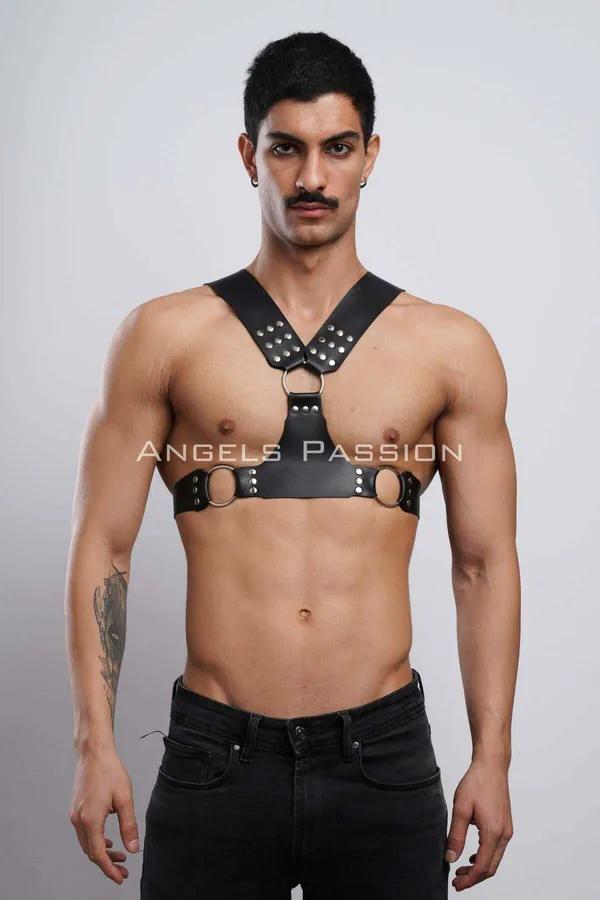 Studded Faux Leather Chest Harness with O-Ring